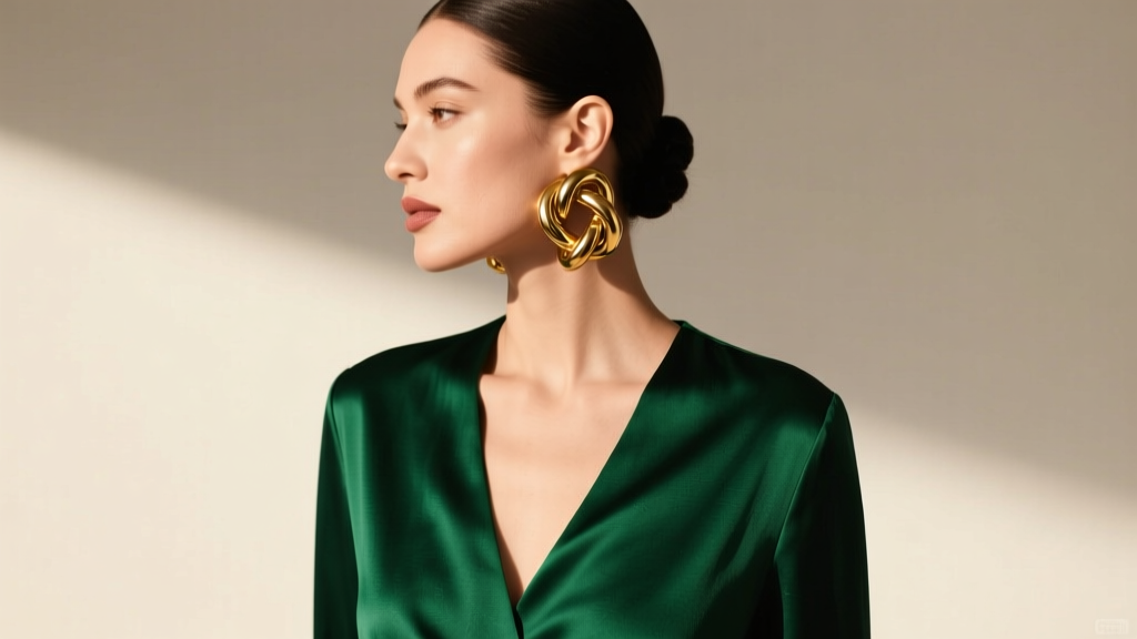Woman with a sleek low bun showcasing large sculptural gold knot earrings paired with a deep V-neck silk blouse in emerald green