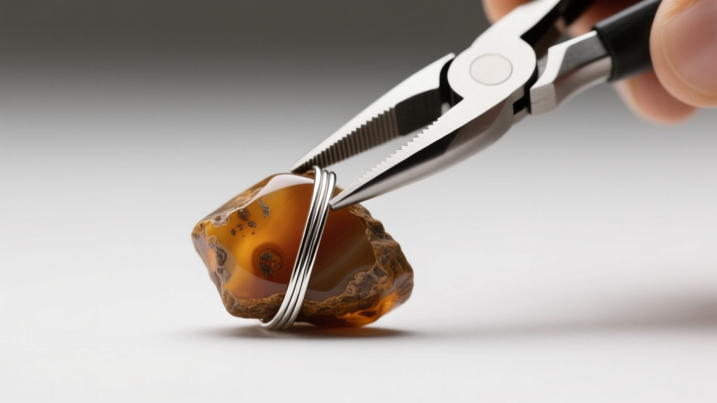 Jeweler using flat-nose pliers to gently tighten a 20-gauge sterling silver wire wrap around a rough-cut jasper gemstone