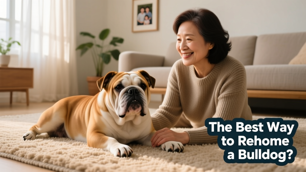 A calm, well-cared-for bulldog resting comfortably beside its owner on a living room rug
