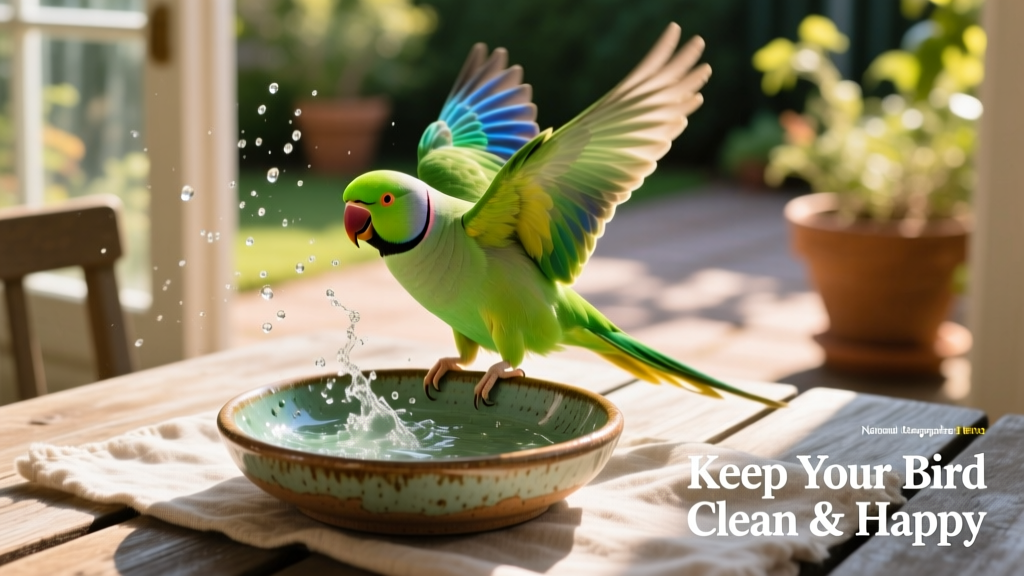 A cheerful green parakeet splashing in a shallow ceramic dish filled with water