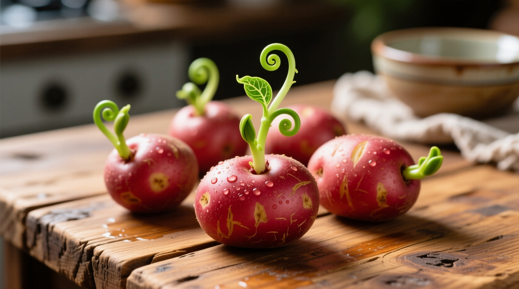 Fresh red potatoes with green sprouts on wooden table