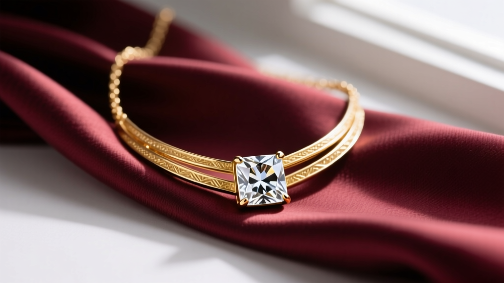Close-up of a 1-micron gold-plated zinc alloy layered necklace with a cubic zirconia pendant displayed on a silk scarf.
