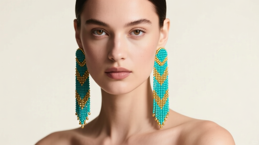 Model wearing long turquoise and gold seed beaded fringe earrings, soft studio lighting highlighting the intricate beadwork detail.