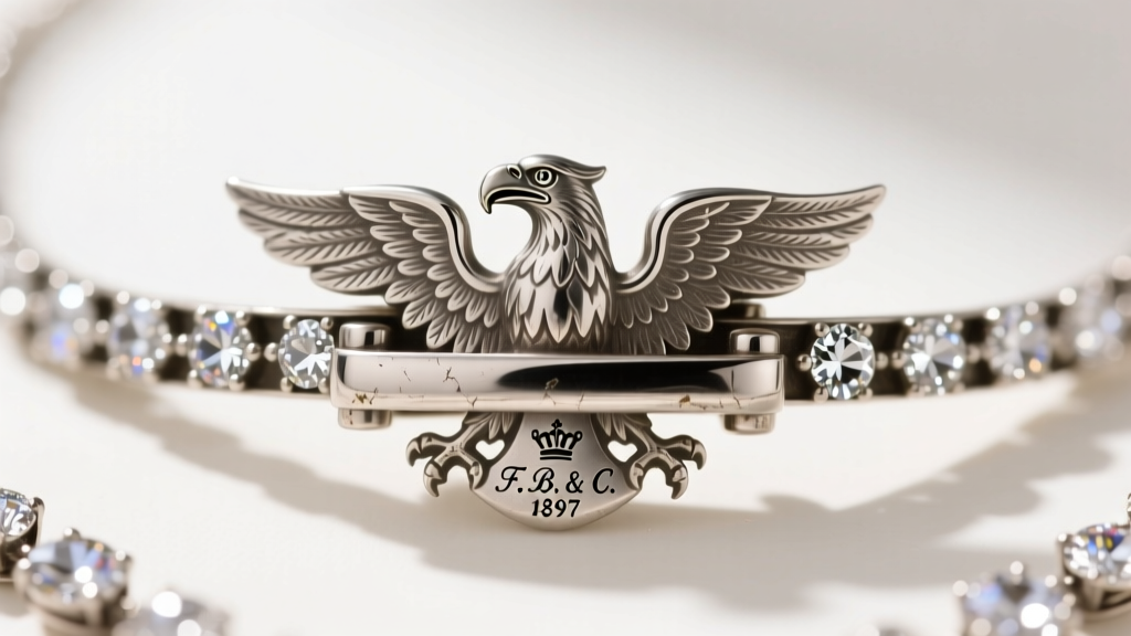 Detailed view of a vintage platinum barrel clasp on a diamond sautoir necklace showing French eagle head and maker hallmarks
