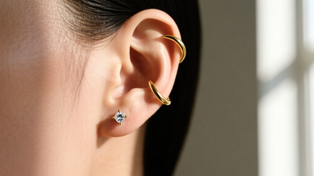 Side profile of an ear showing a standard lobe diamond stud and a high lobe gold hoop, soft natural window light on skin.