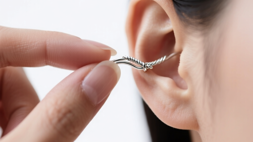 Macro photography of fingers gently squeezing the tension wire of a sterling silver ear crawler to adjust the grip on the earlobe.