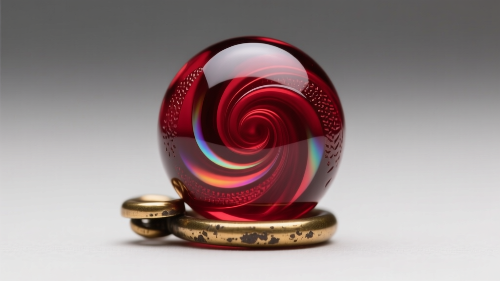 Macro shot of mid-century Czech ruby glass bead showing internal swirls and vintage fold-over clasp against neutral grey backdrop.