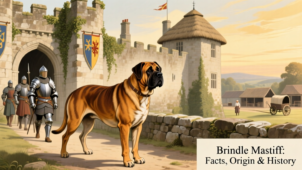 Historical illustration showing a Mastiff-like dog accompanying medieval knights and guarding a manor house