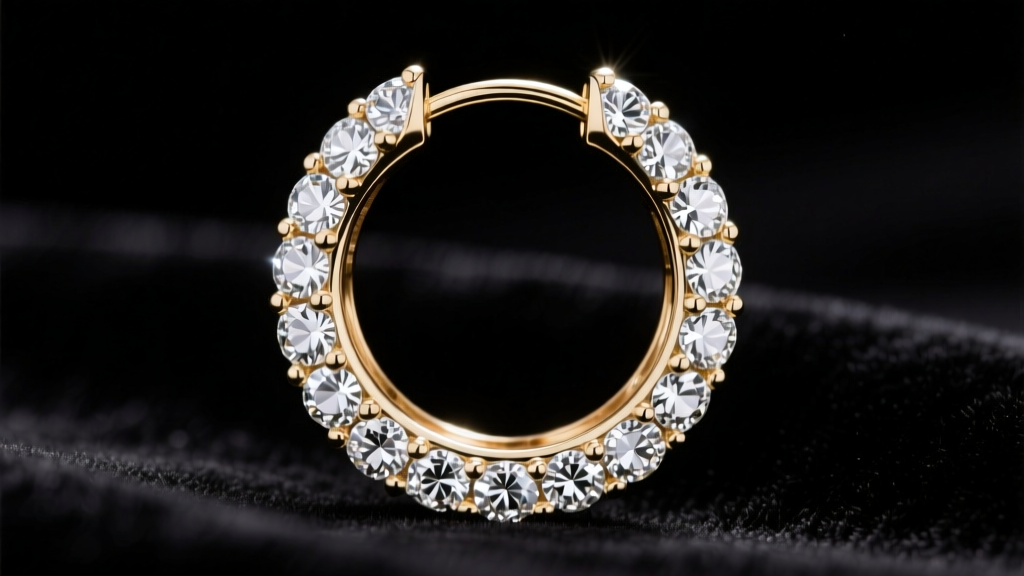 Macro shot of a white gold iced-out hoop earring with micro-pave diamonds, sharp studio lighting against a dark velvet backdrop