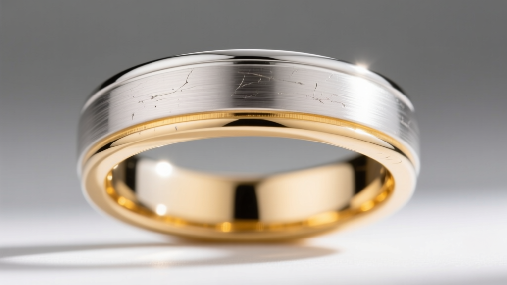 Close-up of a white gold ring revealing yellow alloy beneath faded rhodium plating on the bottom edge of the polished metal band.