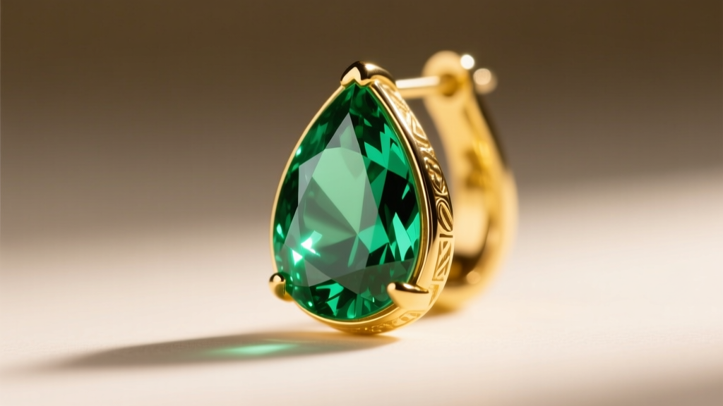 Macro shot of 18k yellow gold emerald teardrop earrings in soft light, showing the pear-cut gem