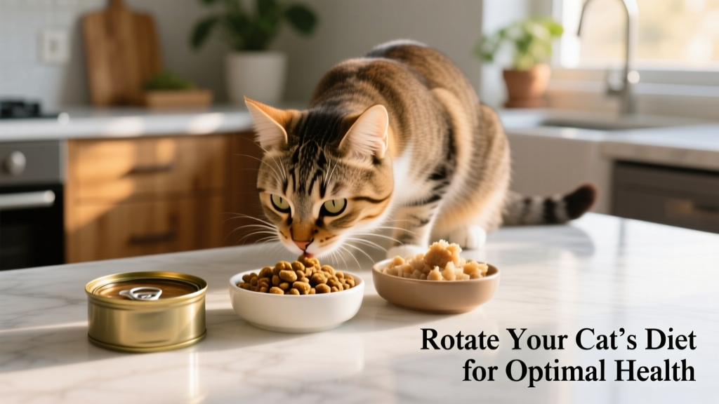 A cat curiously sniffing at several small bowls of different cat foods—canned, dry, and rehydrated—arranged on a clean surface