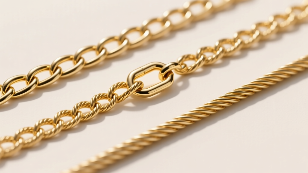 Flat lay of three gold chains: a box chain, rope chain, and cable chain, showing detailed links and secure lobster claw clasps.