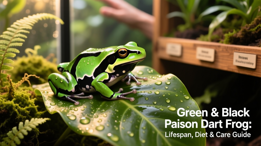 A healthy adult Green and Black Poison Dart Frog resting on a broad leaf in a mature, thriving bioactive terrarium