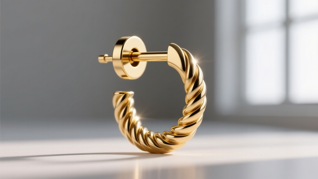 Macro view of an 18-gauge gold earring post and friction back, showing clean polished threading completely free of sebum or debris.
