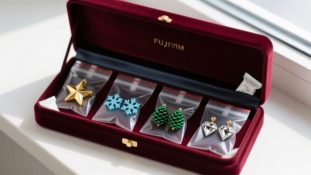 Polyethylene zip bags holding holiday stud earrings, stored in a velvet box with a dark anti-tarnish strip and silica gel packets.