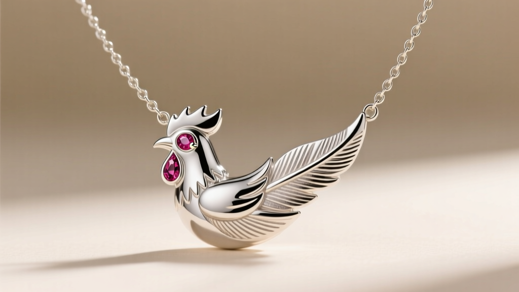 Modern 2026 CAD-designed sterling silver cock necklace on a 3mm wheat chain, highlighting polished tail feathers and ruby eyes