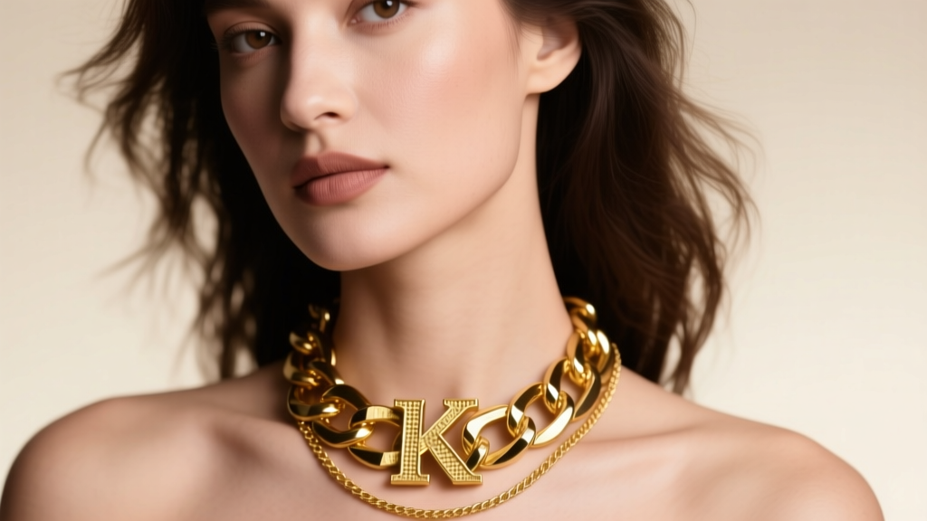 Close-up of a woman wearing a thick 14k gold chunky letter necklace layered with a delicate rope chain, soft studio lighting