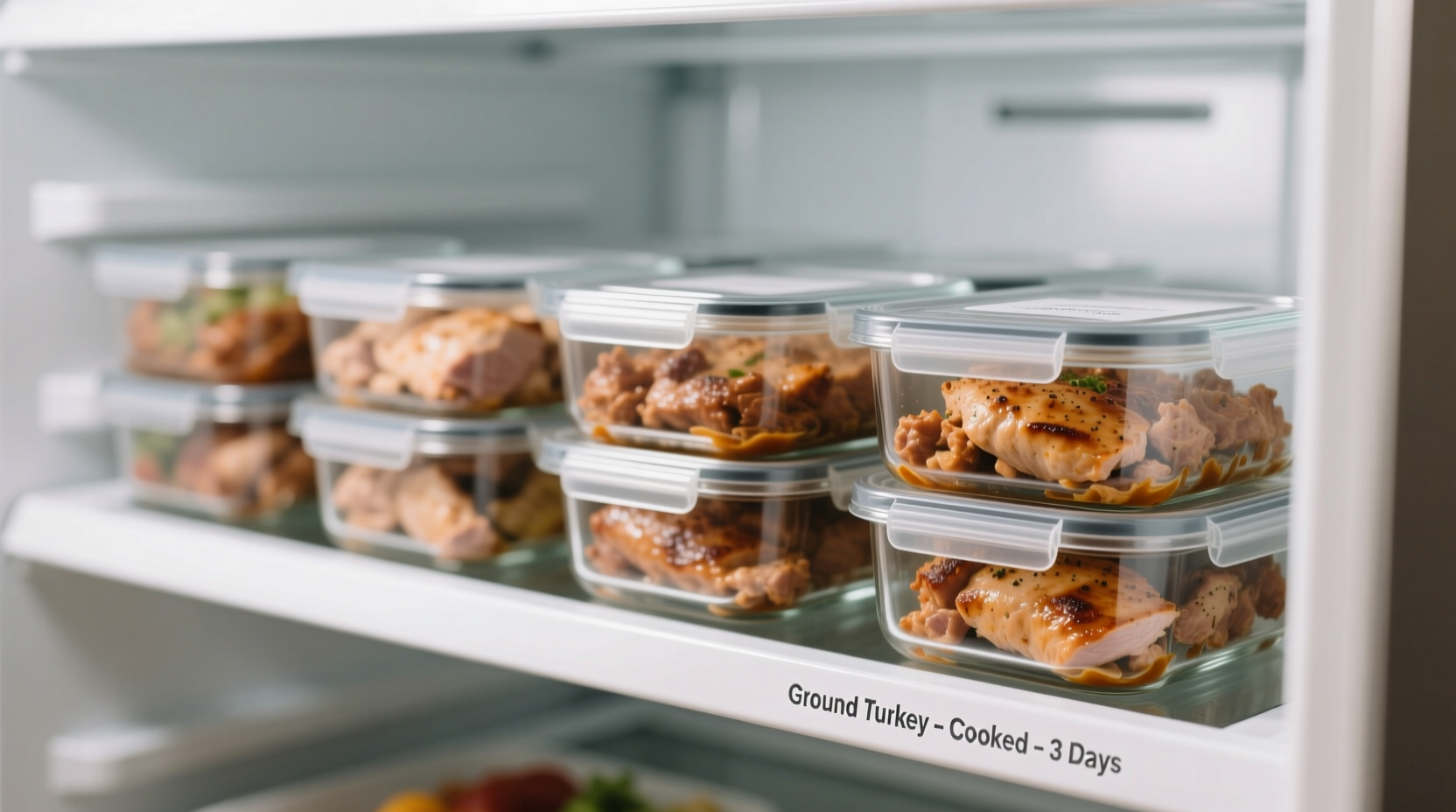 Properly stored cooked ground turkey in glass containers