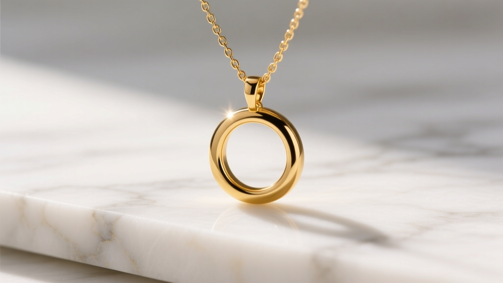 Close-up of a 14k yellow gold circle pendant on a delicate box chain, resting on white marble under soft, warm morning light