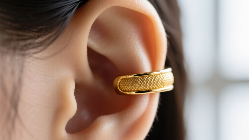 Macro shot of an 18k gold ear cuff on helix cartilage, soft lighting highlighting the textured inner grip and polished finish.