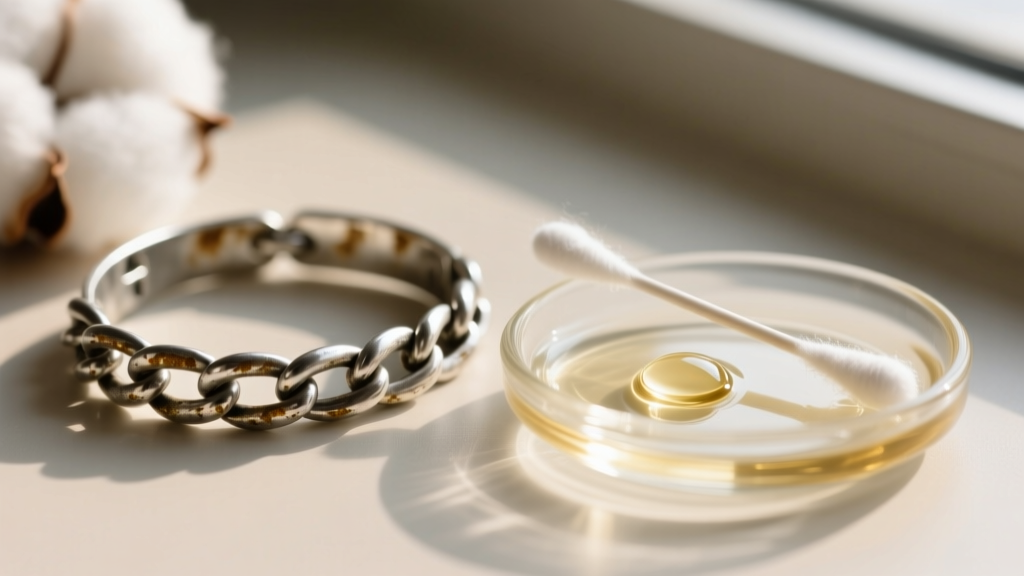 Macro shot of a tarnished silver choker chain beside a cotton swab and gentle jewelry cleaning solution in a small glass dish