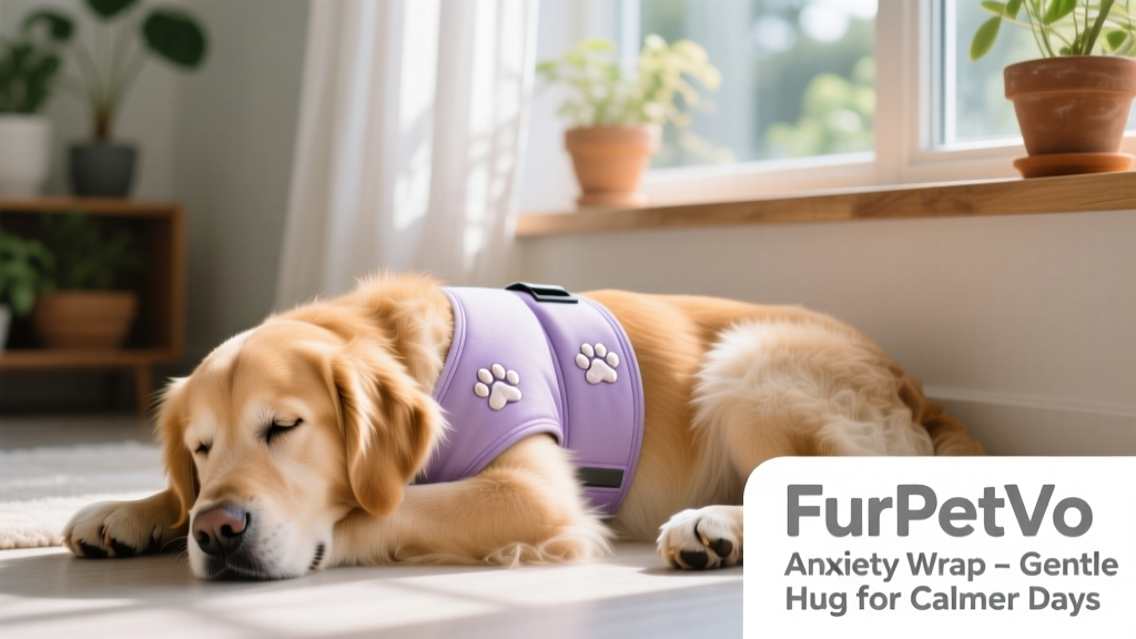 A happy dog wearing a FurPetVo anxiety wrap, resting peacefully beside a window with soft light