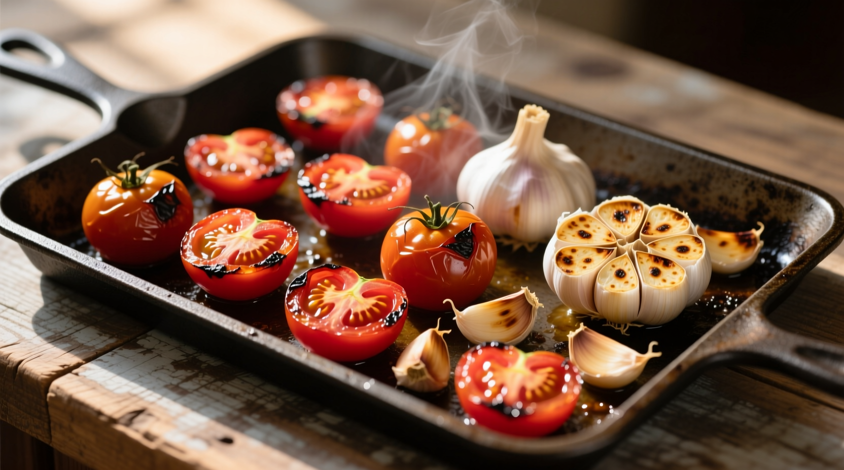 Roasted tomatoes and garlic on baking sheet