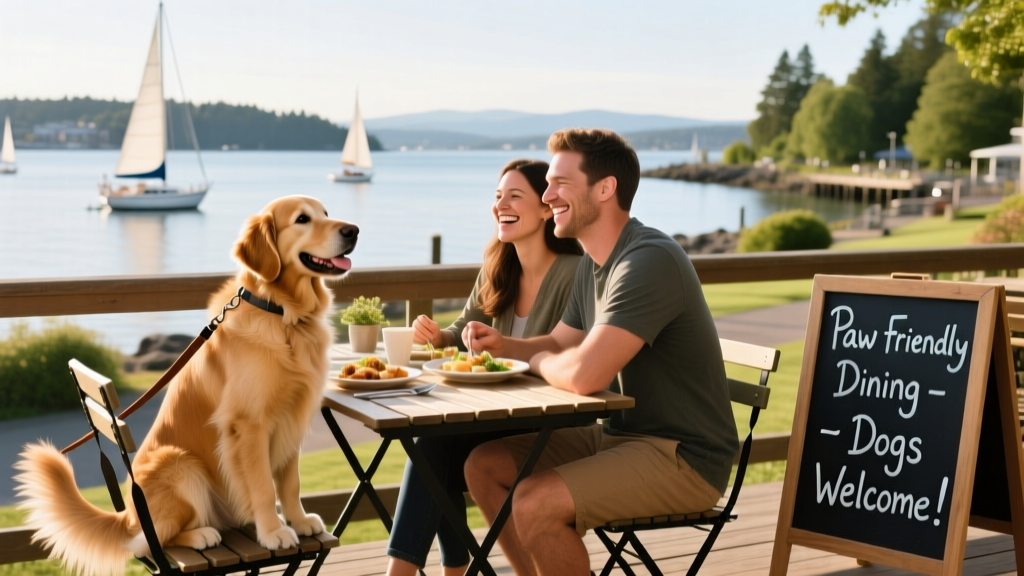 A happy dog sitting beside its owner at an outdoor restaurant table overlooking Commencement Bay