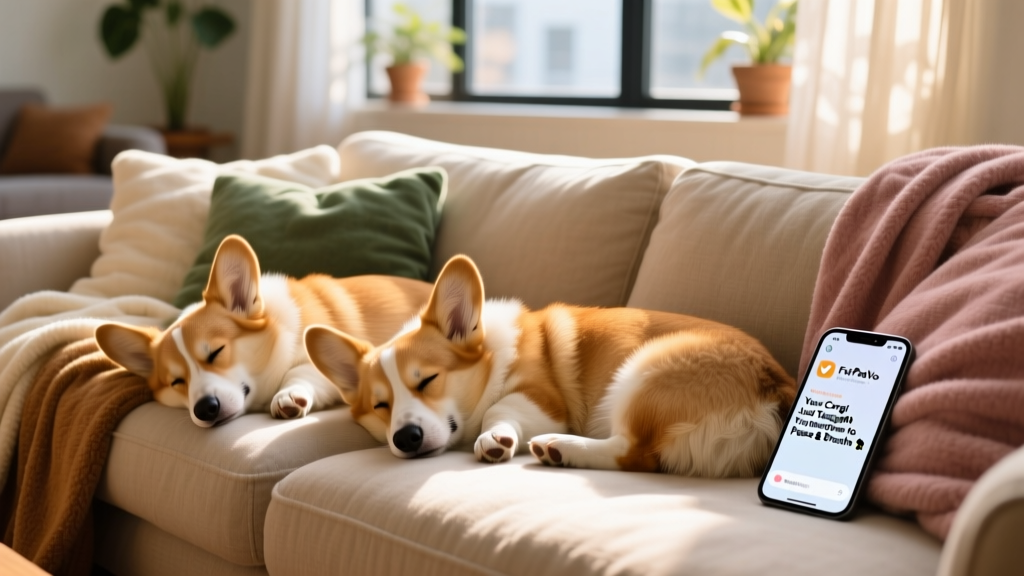 Two corgis napping together on a sunlit sofa, surrounded by soft blankets and a smartphone showing a FurPetVo app notification