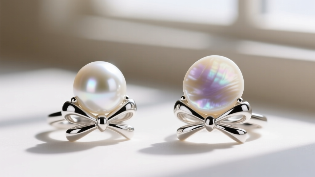 Macro shot comparing a round Akoya pearl and a baroque freshwater pearl set in rhodium-plated sterling silver bow settings.