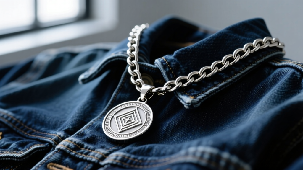 A heavy 50mm stainless steel medallion pendant hanging from a thick 6mm 24-inch Cuban link chain resting on a dark denim jacket