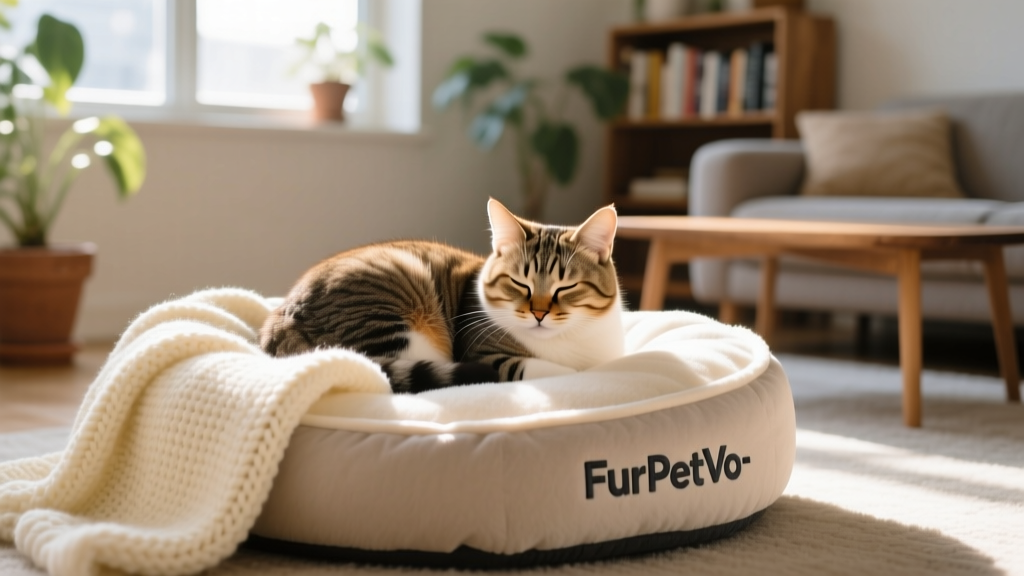 A calm, content cat curled up beside a FurPetVo-branded cat bed and soft blanket