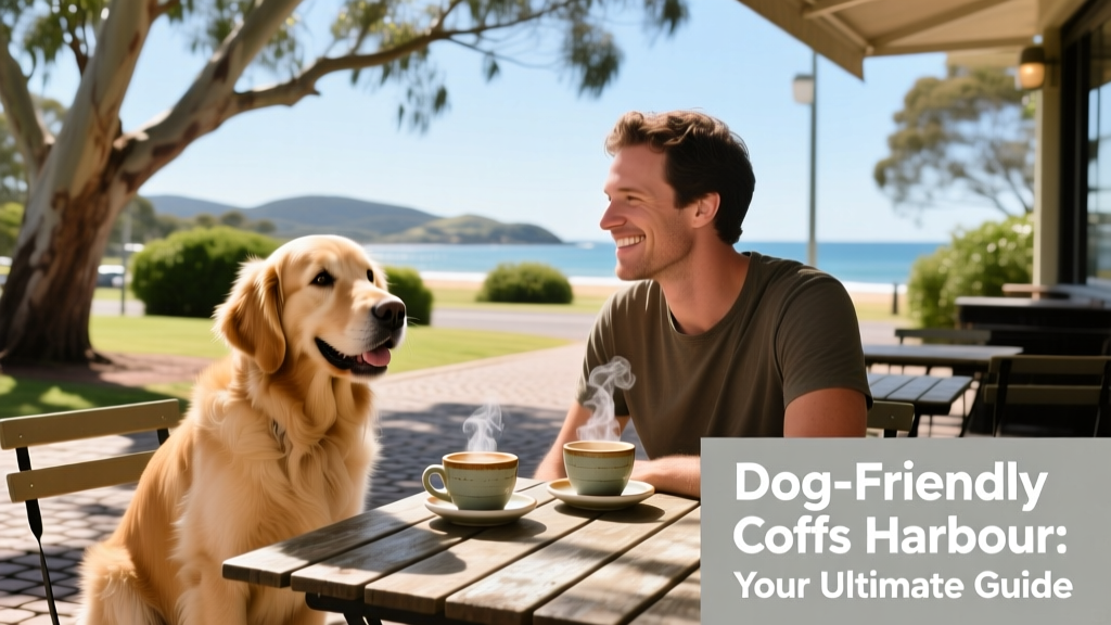A happy dog sitting beside its owner at an outdoor cafe table in Coffs Harbour, with coffee cups and sunlight filtering through nearby trees