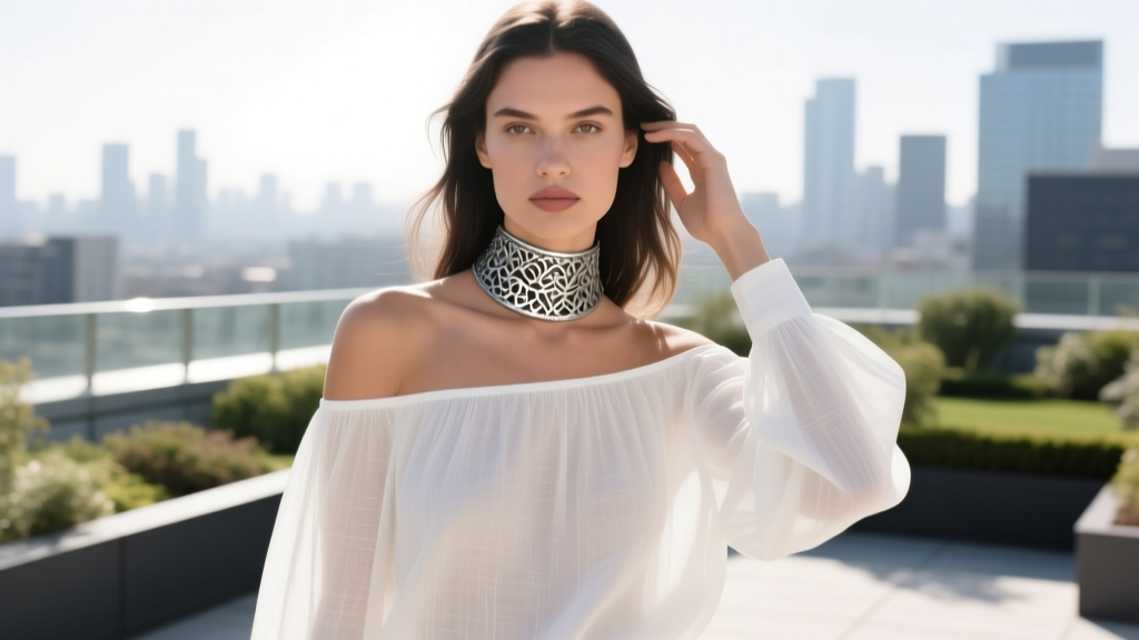 Model wearing an oxidized silver hasli choker paired with a white off-shoulder linen blouse in bright natural sunlight.