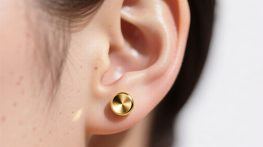 Close-up of an ear lobe wearing a pristine 18k solid gold stud earring in soft sunlight, highlighting healthy skin