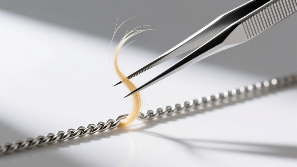 Close-up of fine-point titanium tweezers gently pulling a blonde hair from a sterling silver rope chain on a clean white workspace.