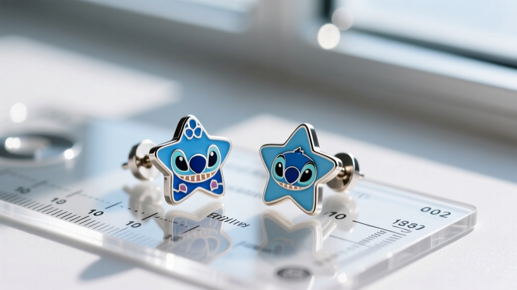 Macro view of blue enamel Stitch earrings for girls with titanium posts resting on a hypoallergenic metal grading reference chart