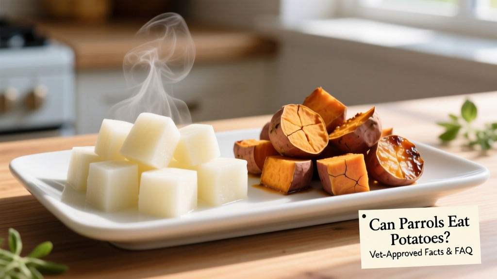 Side-by-side comparison: plain boiled white potato cubes (left) and roasted sweet potato cubes (right), both cooled and served on a clean ceramic dish
