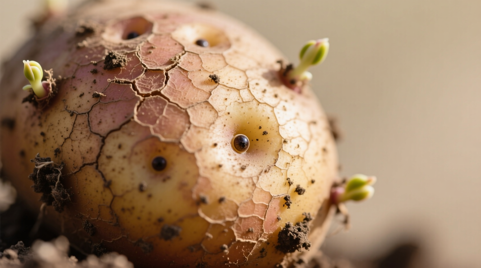 Close-up of potato tuber showing eyes and skin texture
