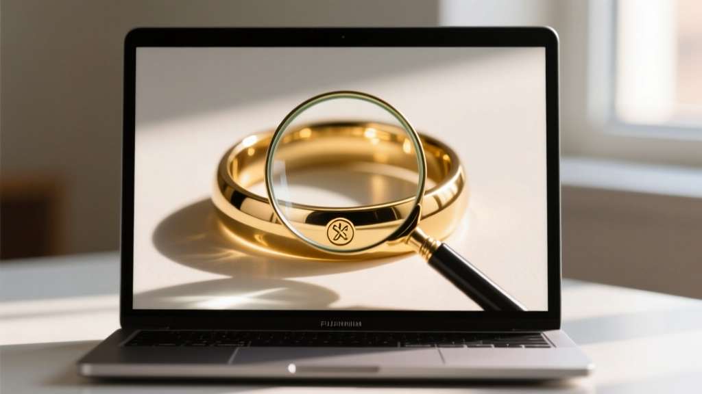Laptop screen showing gold fashion rings, with a magnifying glass highlighting a tiny hallmark stamp on a polished metal band.