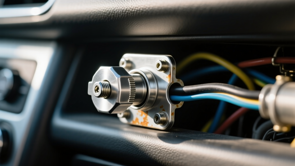 Macro shot of an add-a-circuit fuse tap connected to a hardwire kit ground wire bolted to bare metal under the dashboard.