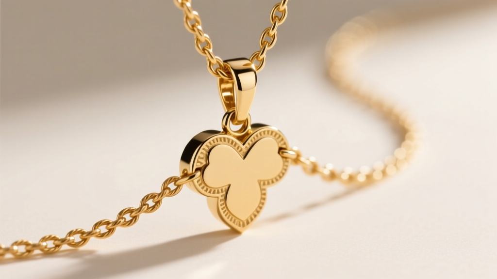 Extreme close-up of a 1.5mm gold rope chain threaded through a clover heart pendant bail, secured by a sturdy lobster claw clasp