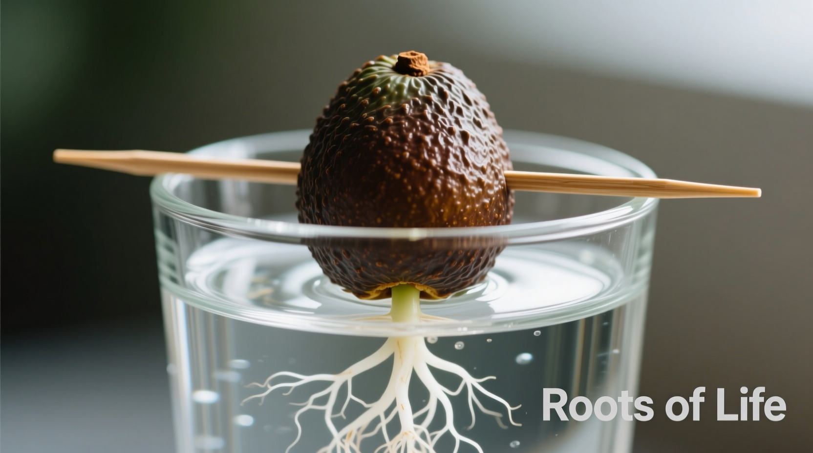 Avocado seed suspended in water with toothpicks showing root growth