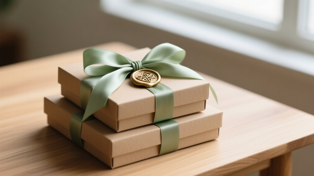 Stack of FSC-certified kraft paper jewelry gift boxes tied with sage green silk ribbons and custom brass wax seals on wooden table