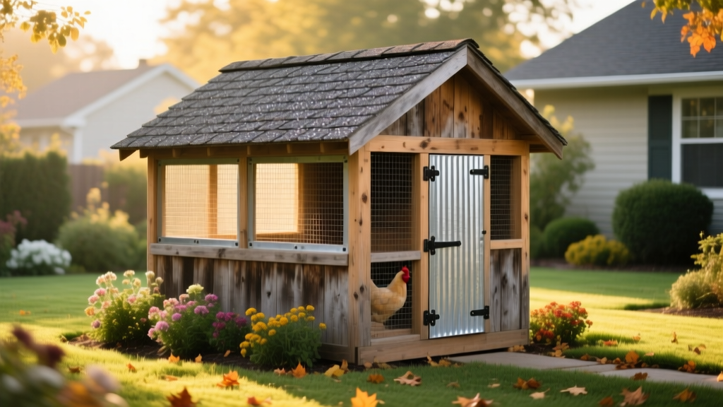 Weathered cedar-framed chicken coop with galvanized hardware cloth windows and asphalt shingle roofing situated in a lush suburban backyard