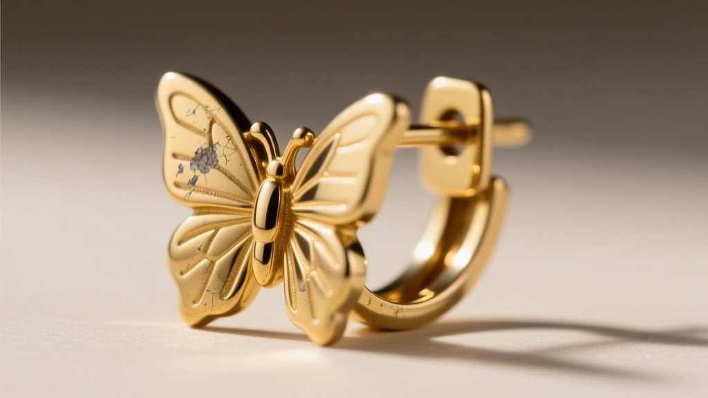 Extreme close-up of a brass earring post and butterfly clutch backing, showing the microscopic wear on the gold-tone flash plating.
