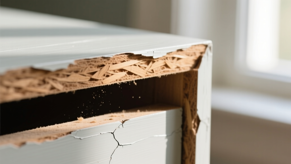 Close-up macro shot of a painted MDF furniture edge showing slight chipping to reveal the brown fiberboard core underneath.