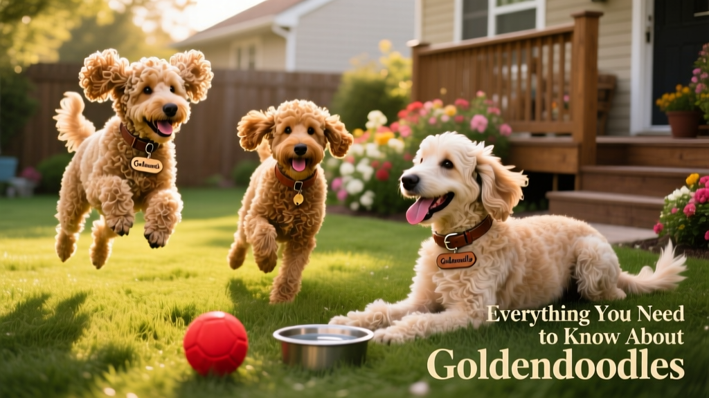 Three adult Goldendoodles of different coat colors and textures — one curly, one wavy, one lightly feathered — playing together in a backyard