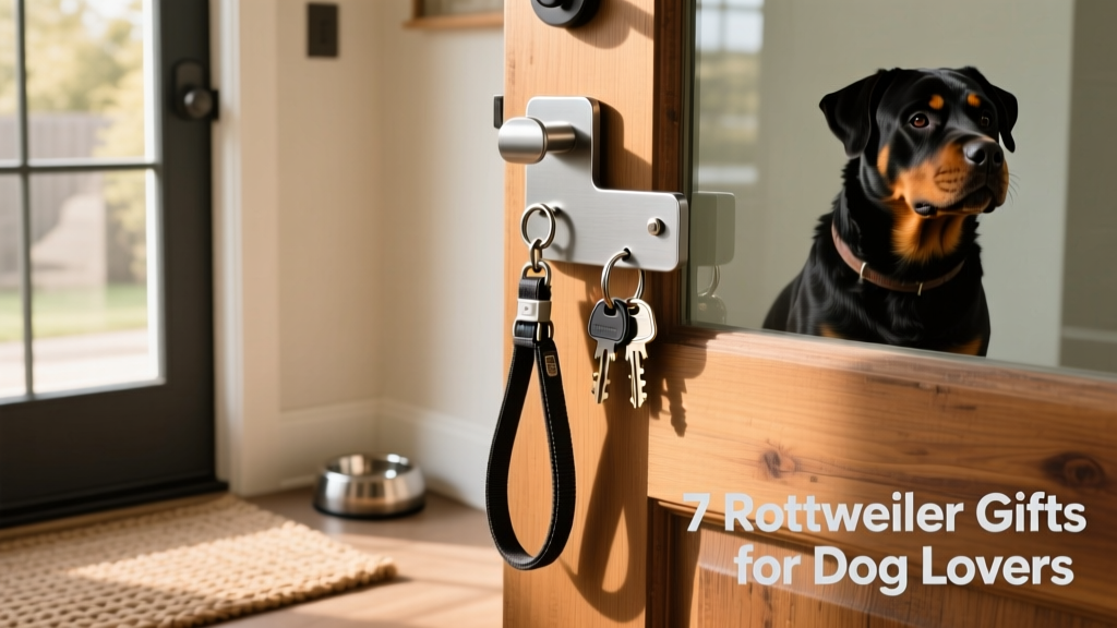 Modern powder-coated steel leash and key holder mounted near a front door, with a Rottweiler leash and keys neatly displayed